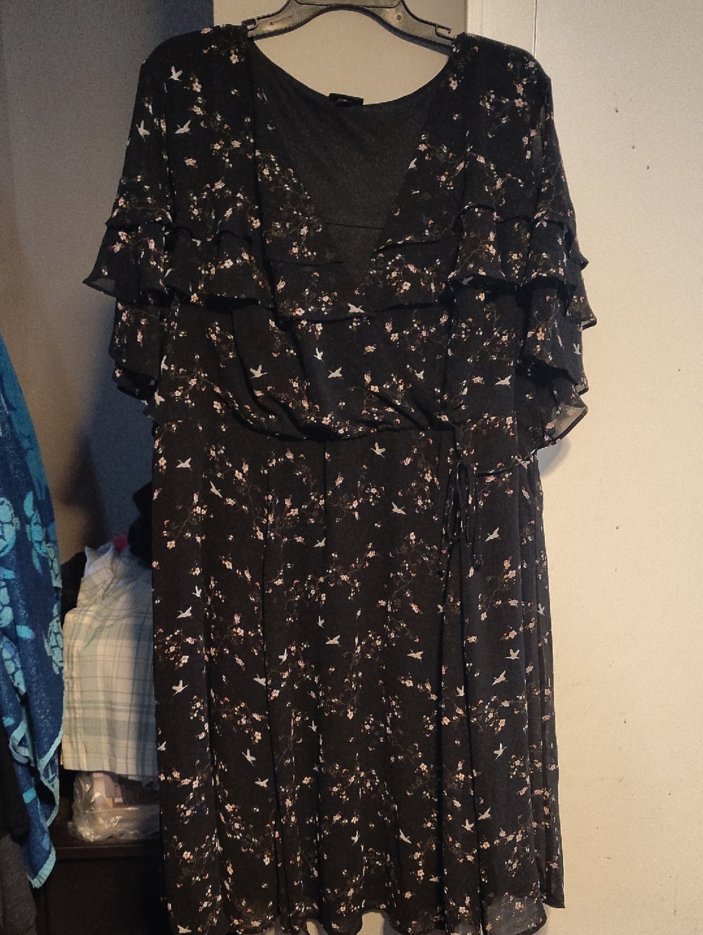 torrid Black Floral Midi Dress with Ruffle Sleeves